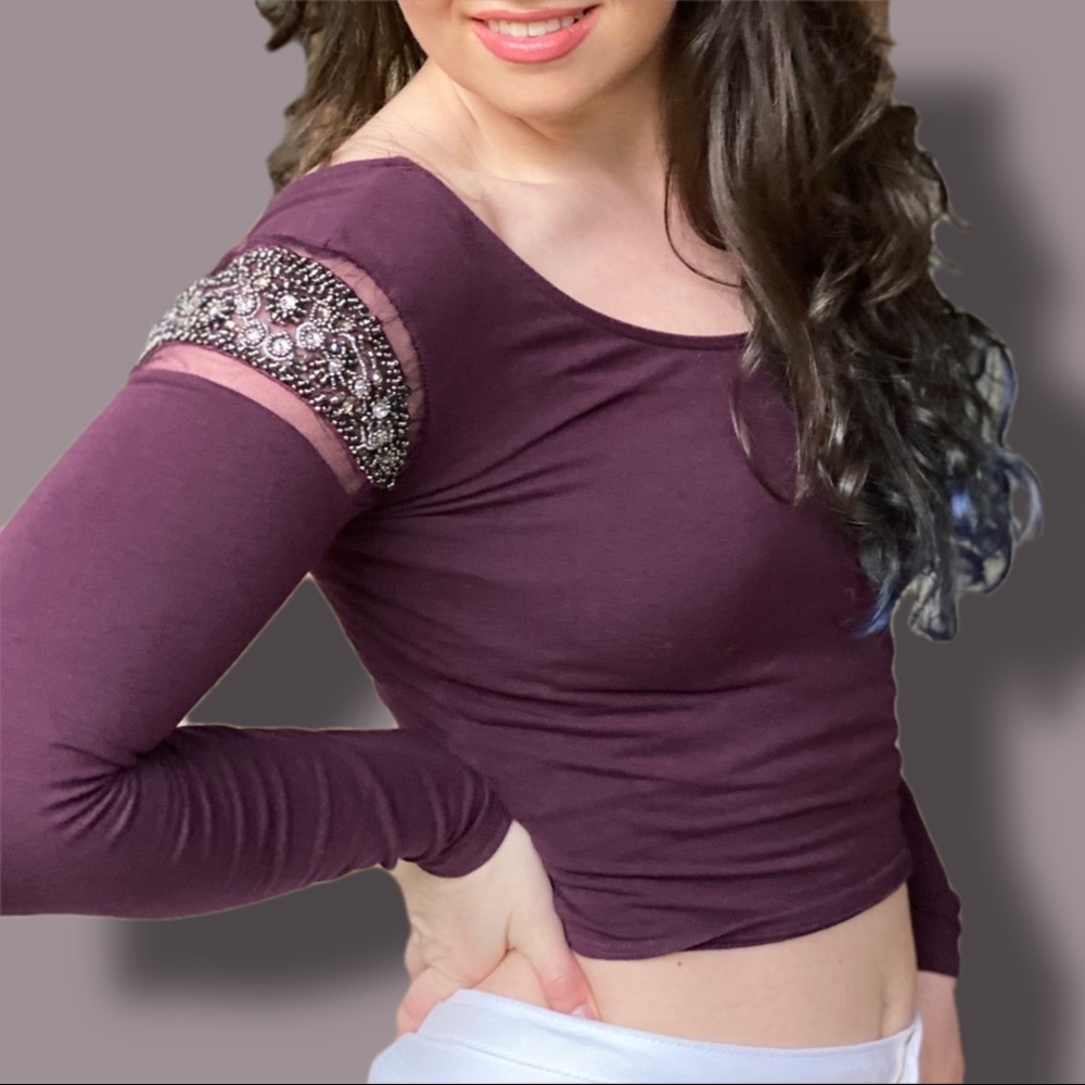 Urban Outfitters Beaded Shoulder Crop Top Sparkle + Fade Size Small Purple Plum